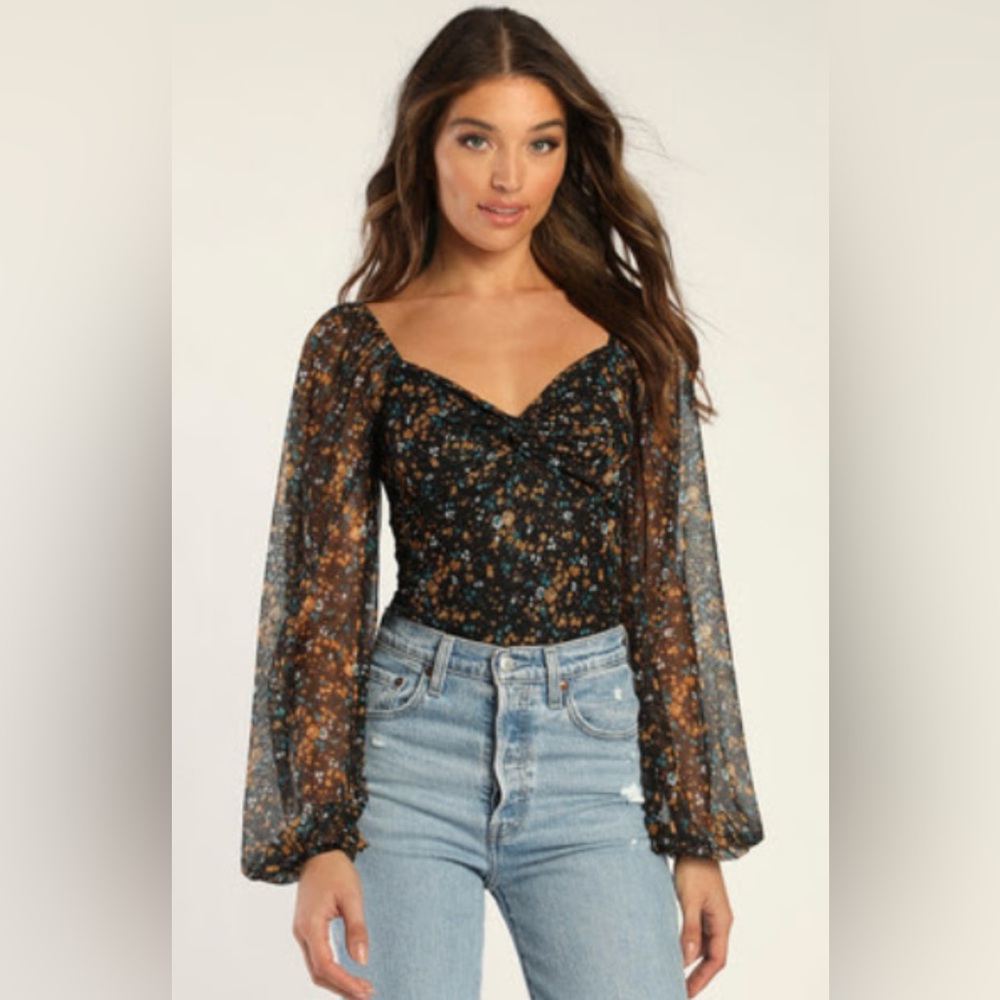 Sweet Beauty Black Floral Print Knot-Front Bodysuit
